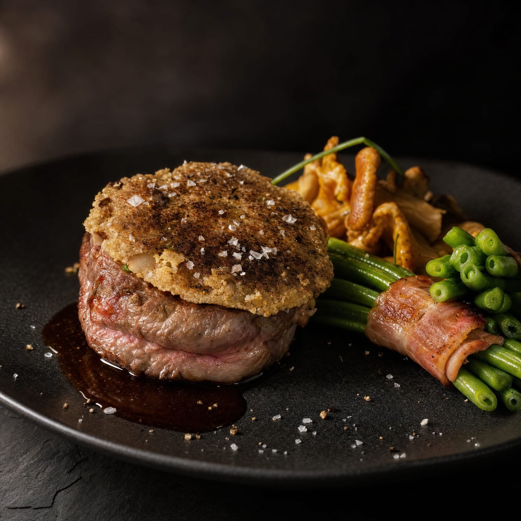 Steak mit goldener Kruste, Pfifferlingen und grünen Bohnen, Salzflocken, dunkler Teller.
